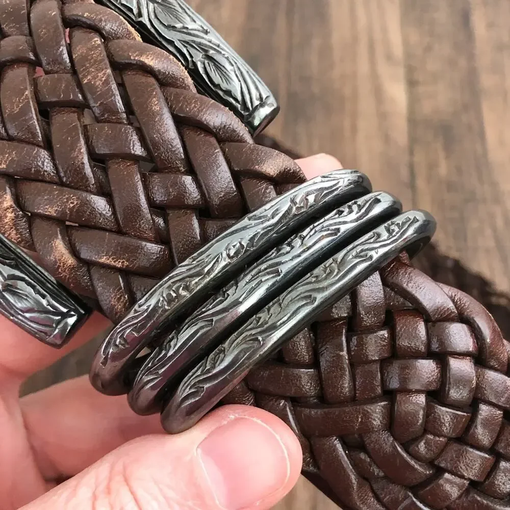 VTG Woven Leather Belt Floral Stamped Buckle Jennifer Graham Size Small Brown
